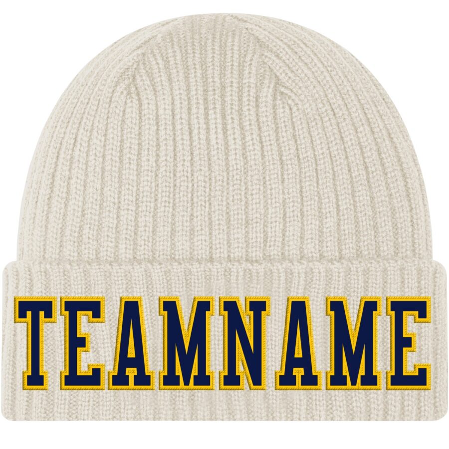 Custom Cream Navy-Gold Stitched Cuffed Knit Hat