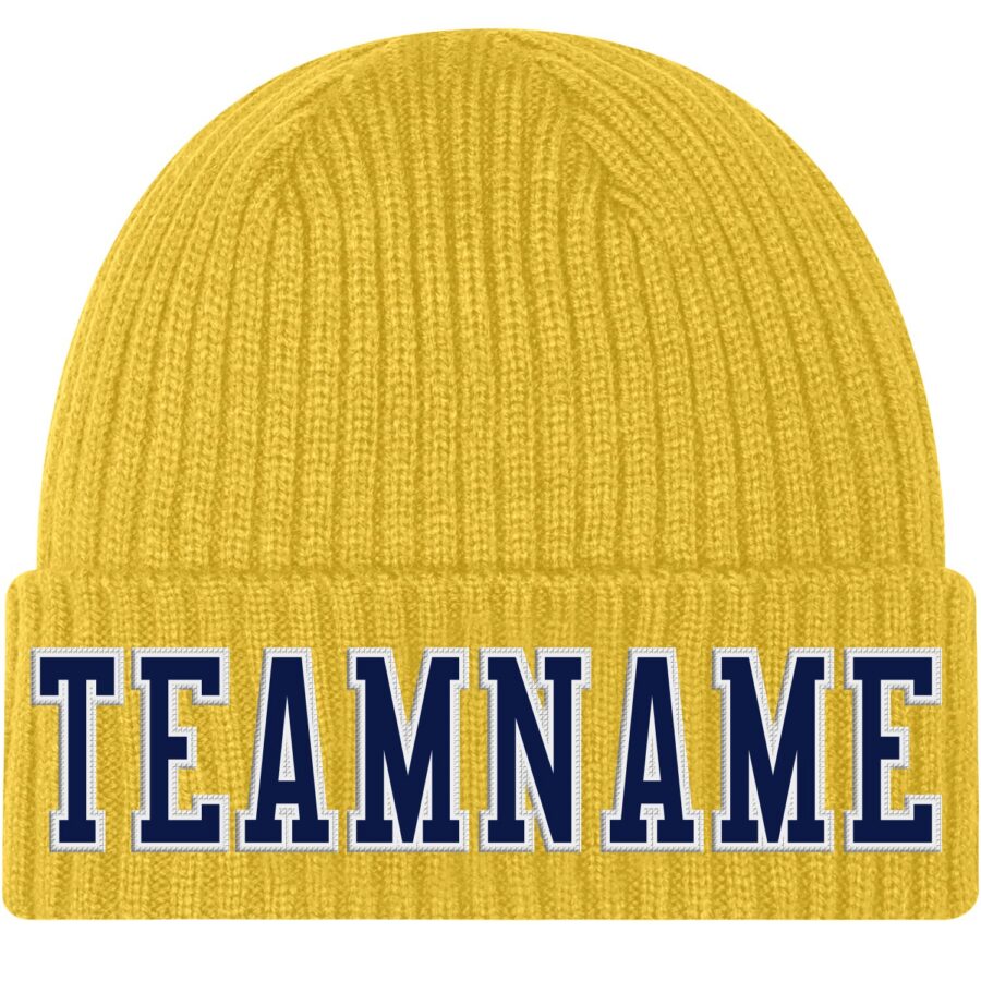 Custom Gold Navy-White Stitched Cuffed Knit Hat