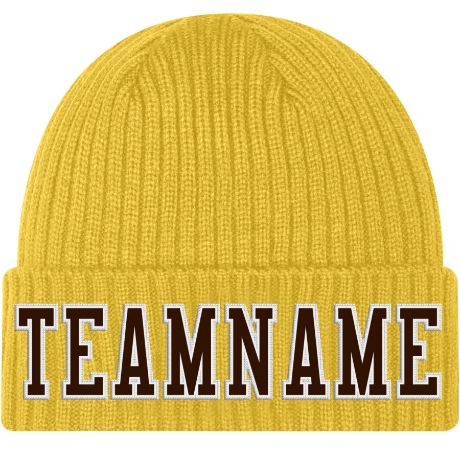 Custom Gold Brown-White Stitched Cuffed Knit Hat