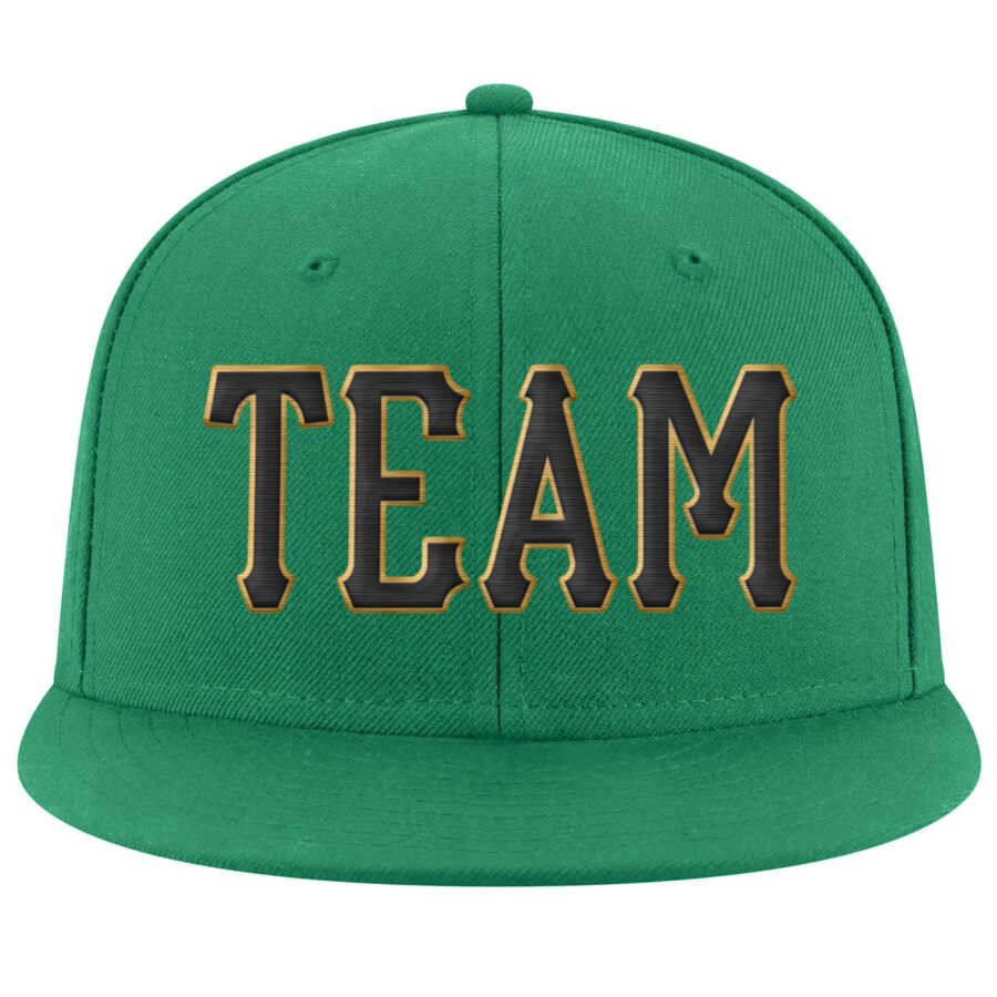 Custom Kelly Green Black-Old Gold Stitched Adjustable Snapback Hat